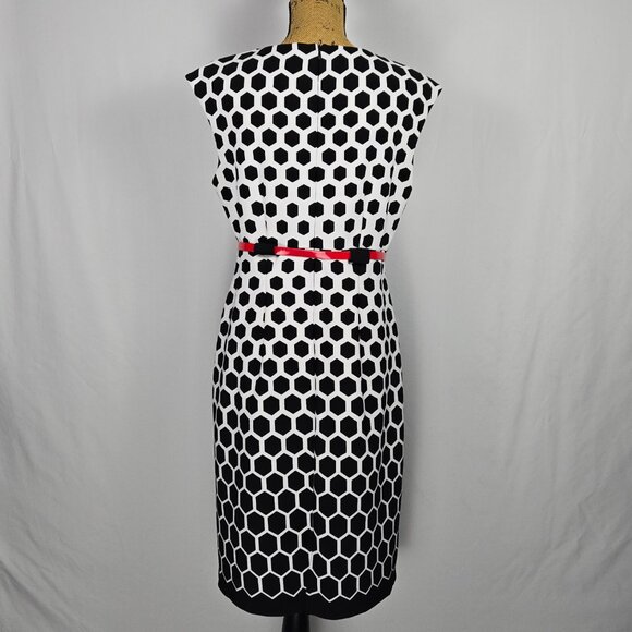 Connected Apparel Black White Honeycomb Sheath Dress Red Belt Geometric‎ 14 - Picture 3 of 12